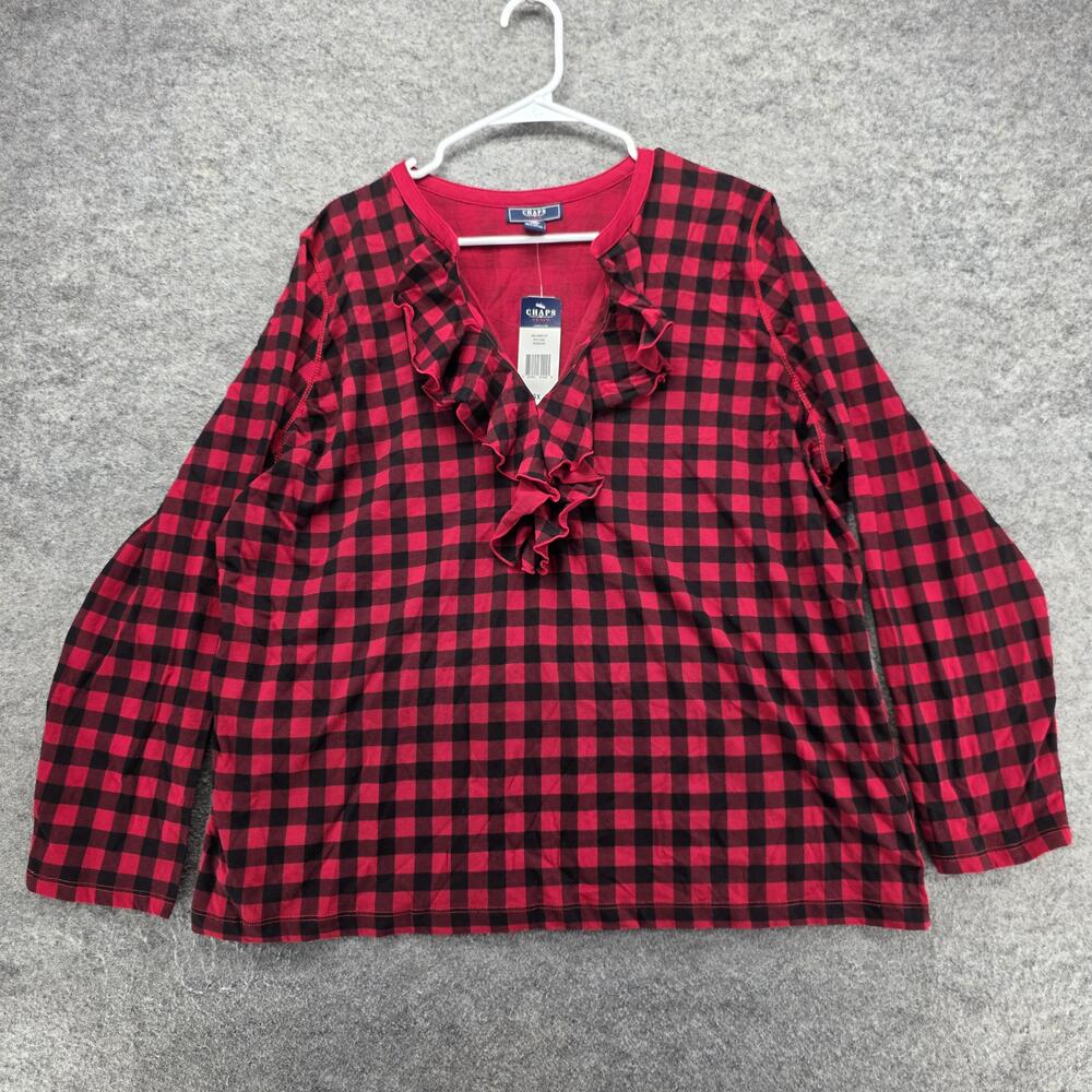 Chaps T-Shirt Womens 3X Red Plaid V-Neck Ruffle Long Sleeve Jersey Relaxed Fit